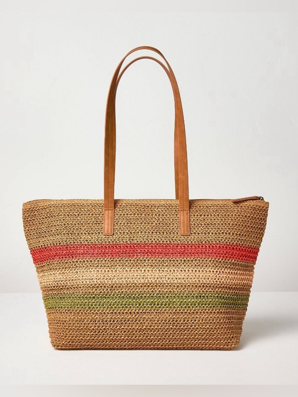 Woven Tote Beach Bag Striped Red Cream Green Hearth & Hand with Magnolia Summer - Picture 2 of 11